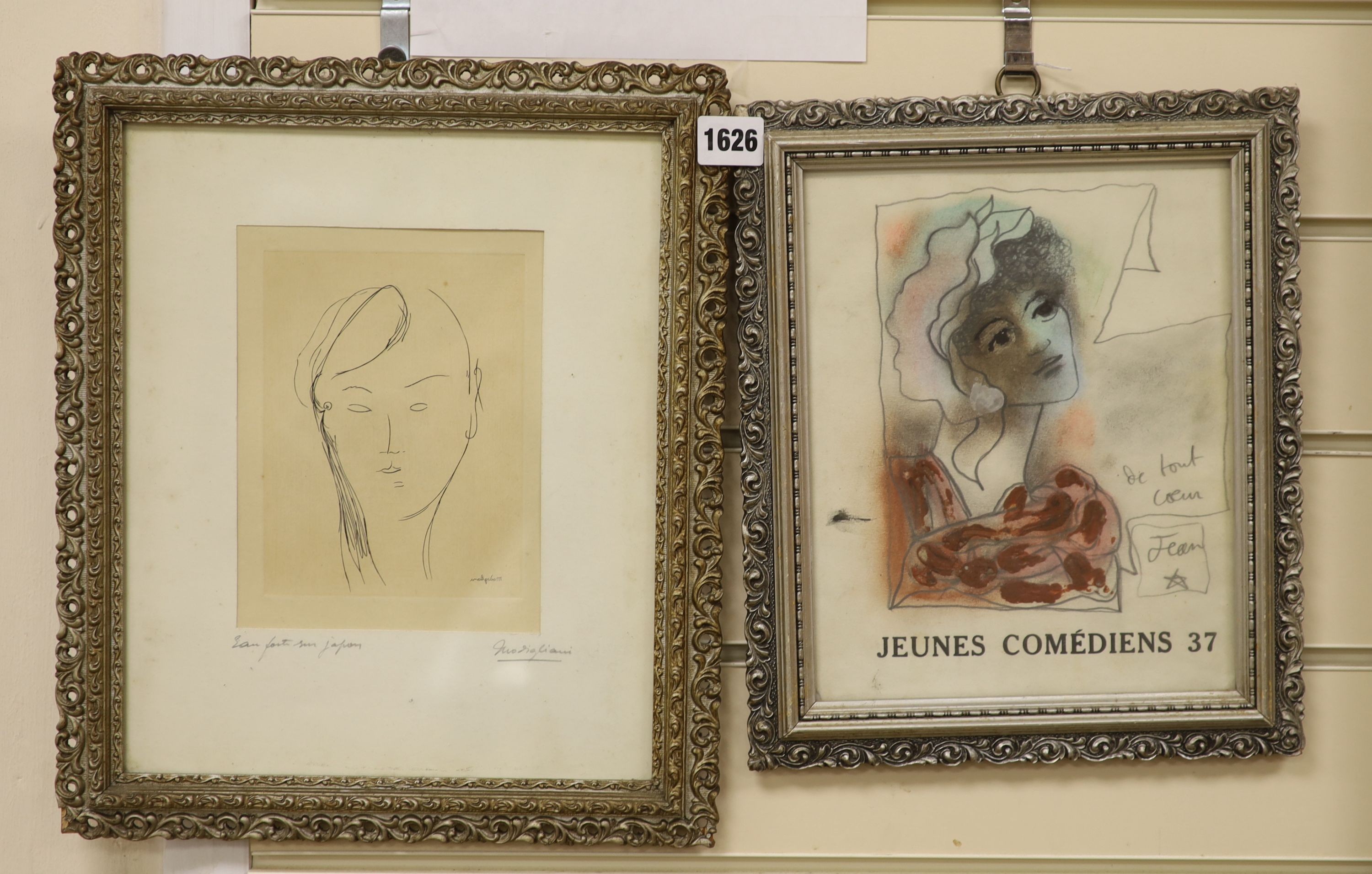 Modigliani, etching, Head study, signed in the plate, 15.5 x 12cm and an overpainted print after Jean Cocteau, Jeunes Comediens 37, bears signature, 24 x 19.5cm